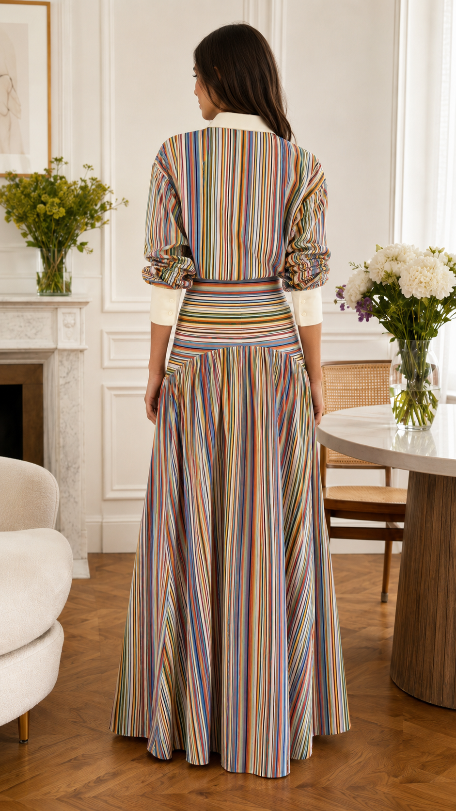 Colorful Stripe Collared Maxi Shirt Dress