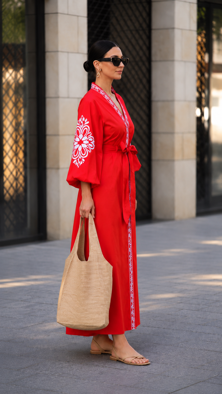 Embroidered Puff Sleeve Wrap Maxi Kaftan Dress
