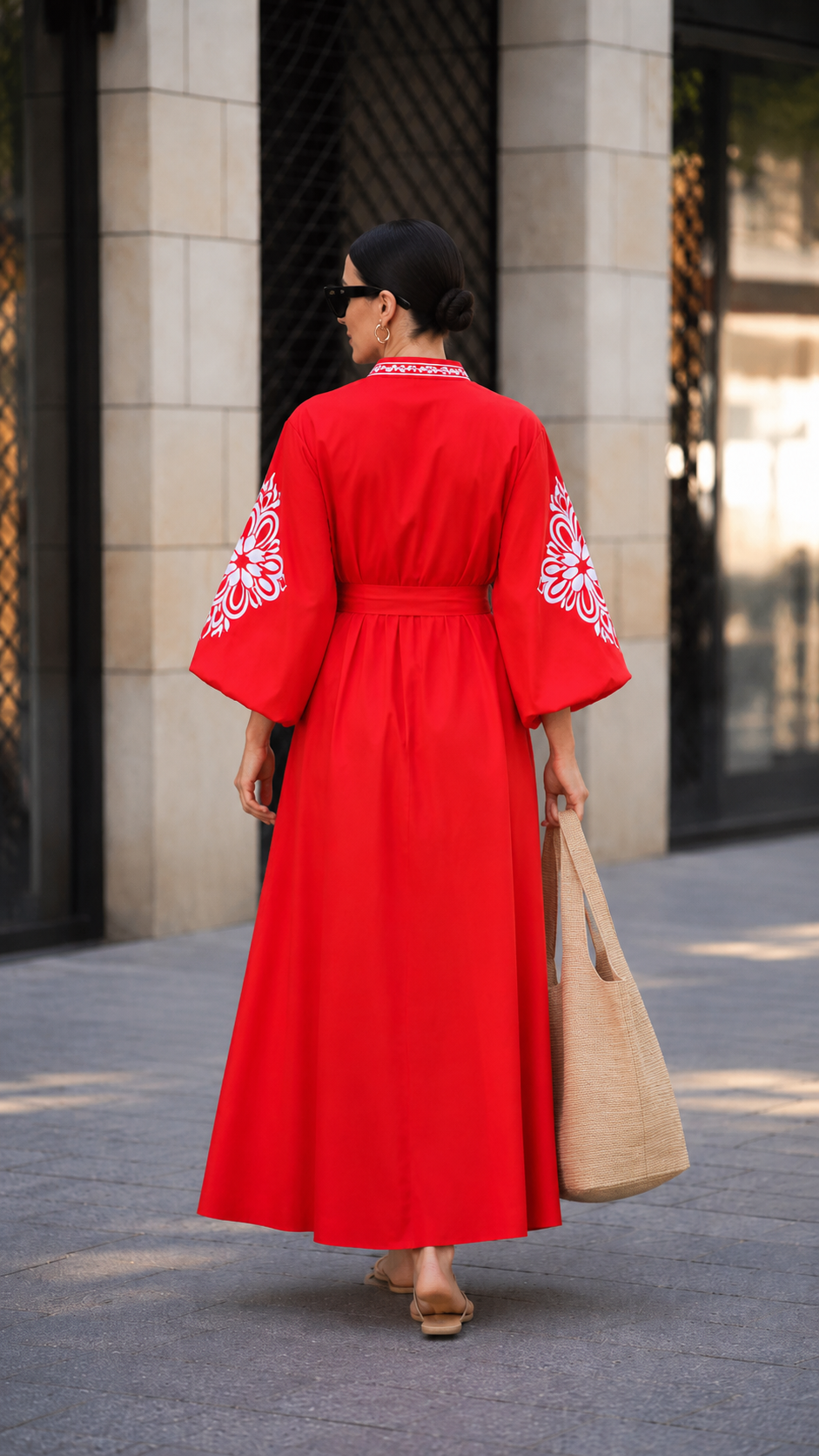 Embroidered Puff Sleeve Wrap Maxi Kaftan Dress