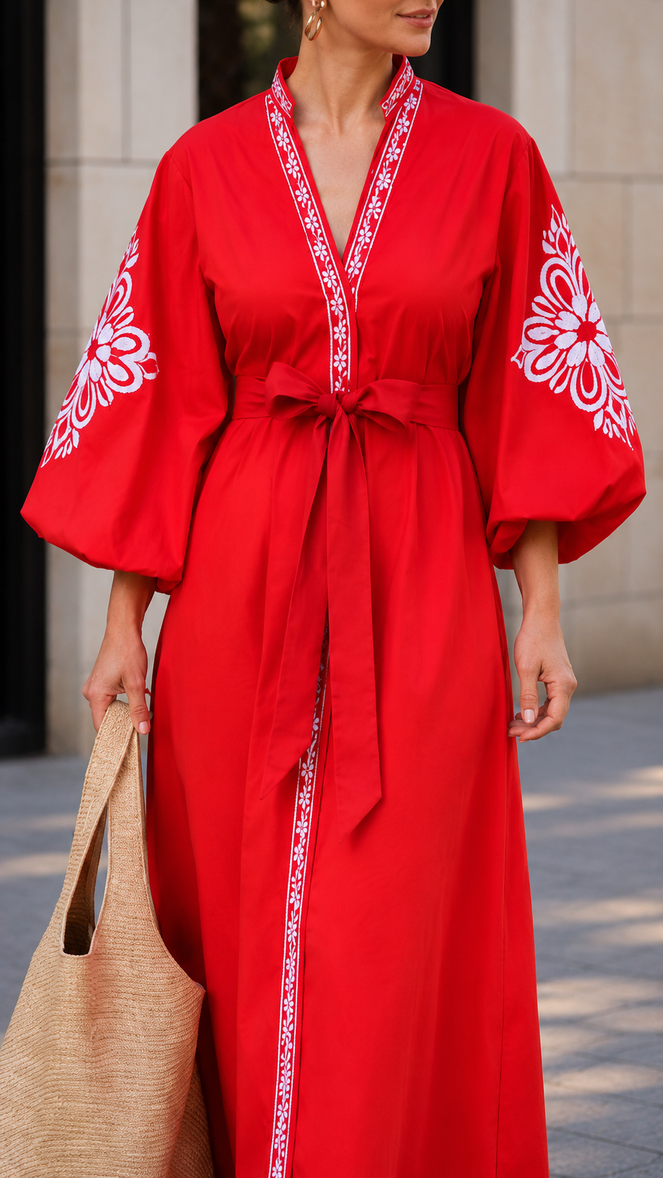 Embroidered Puff Sleeve Wrap Maxi Kaftan Dress