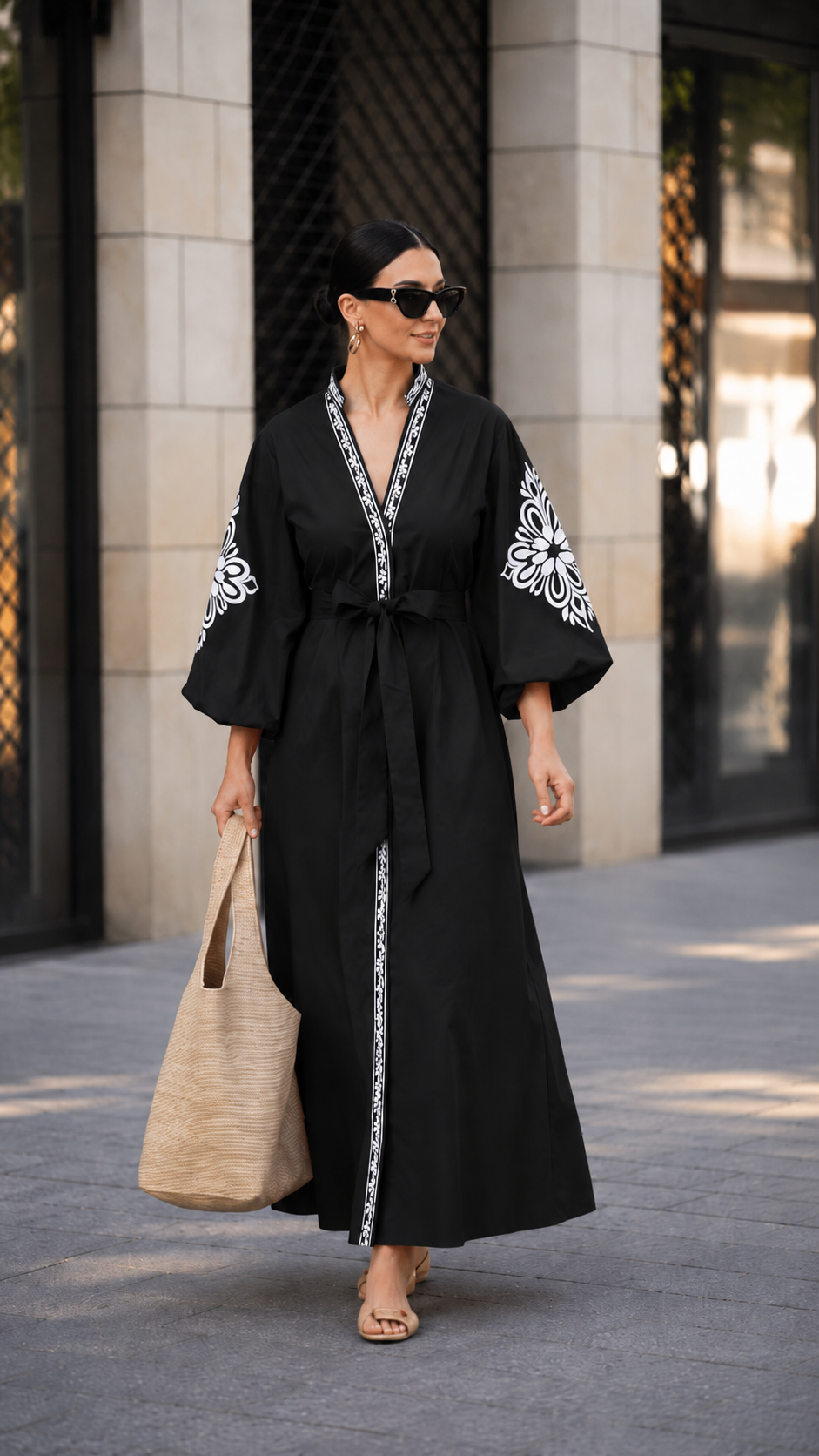 Embroidered Puff Sleeve Wrap Maxi Kaftan Dress