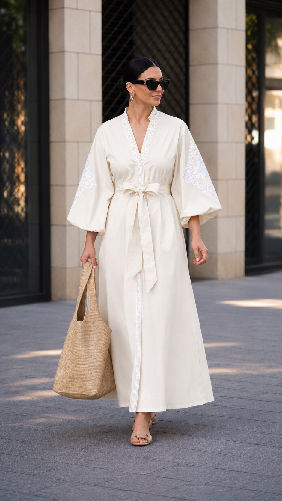 Embroidered Puff Sleeve Wrap Maxi Kaftan Dress