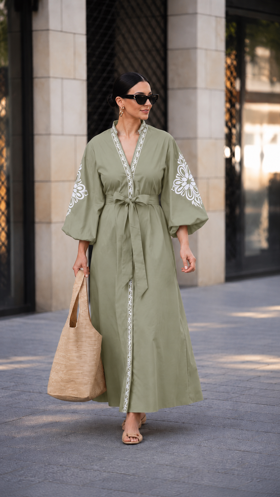 Embroidered Puff Sleeve Wrap Maxi Kaftan Dress