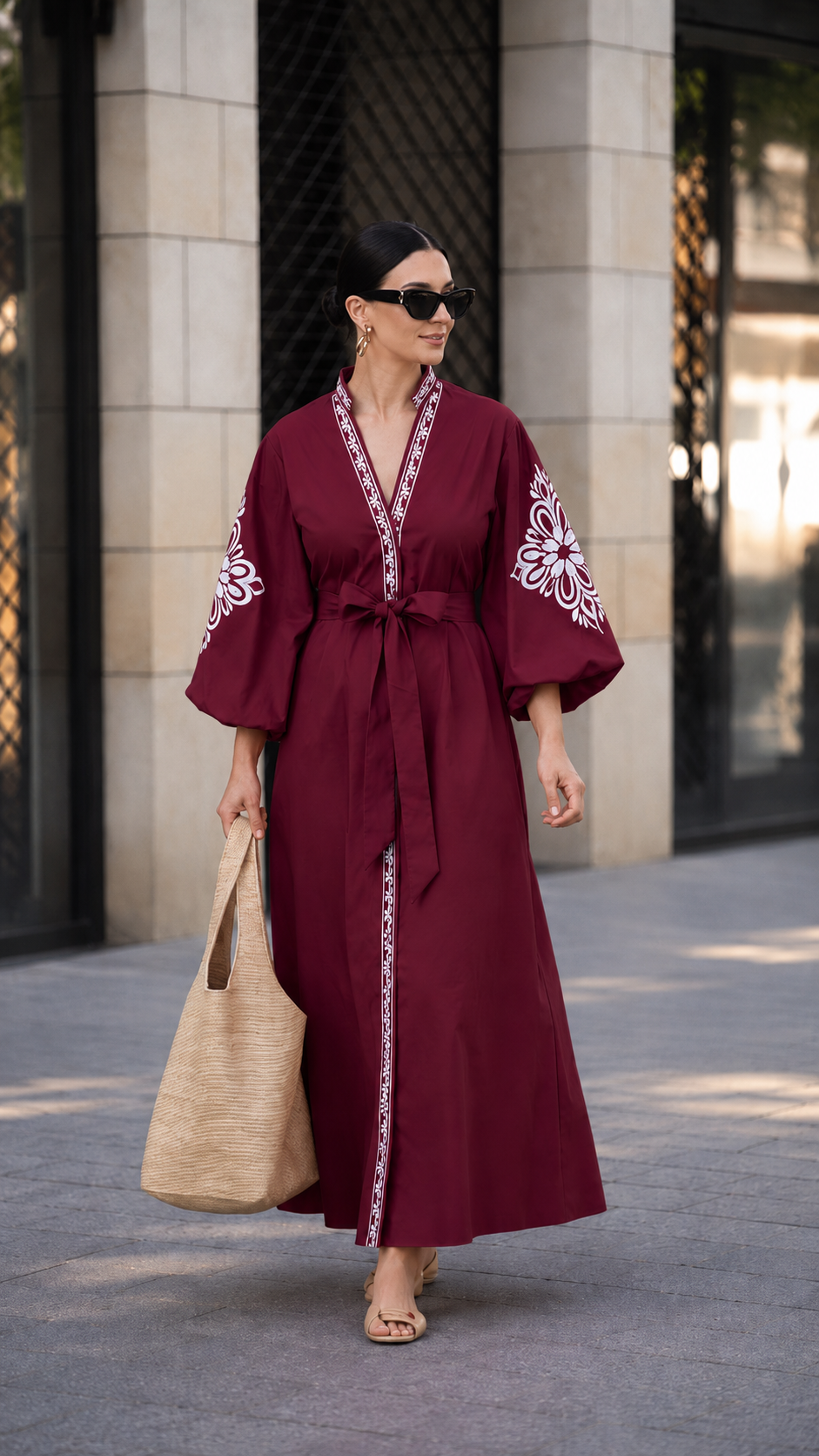 Embroidered Puff Sleeve Wrap Maxi Kaftan Dress