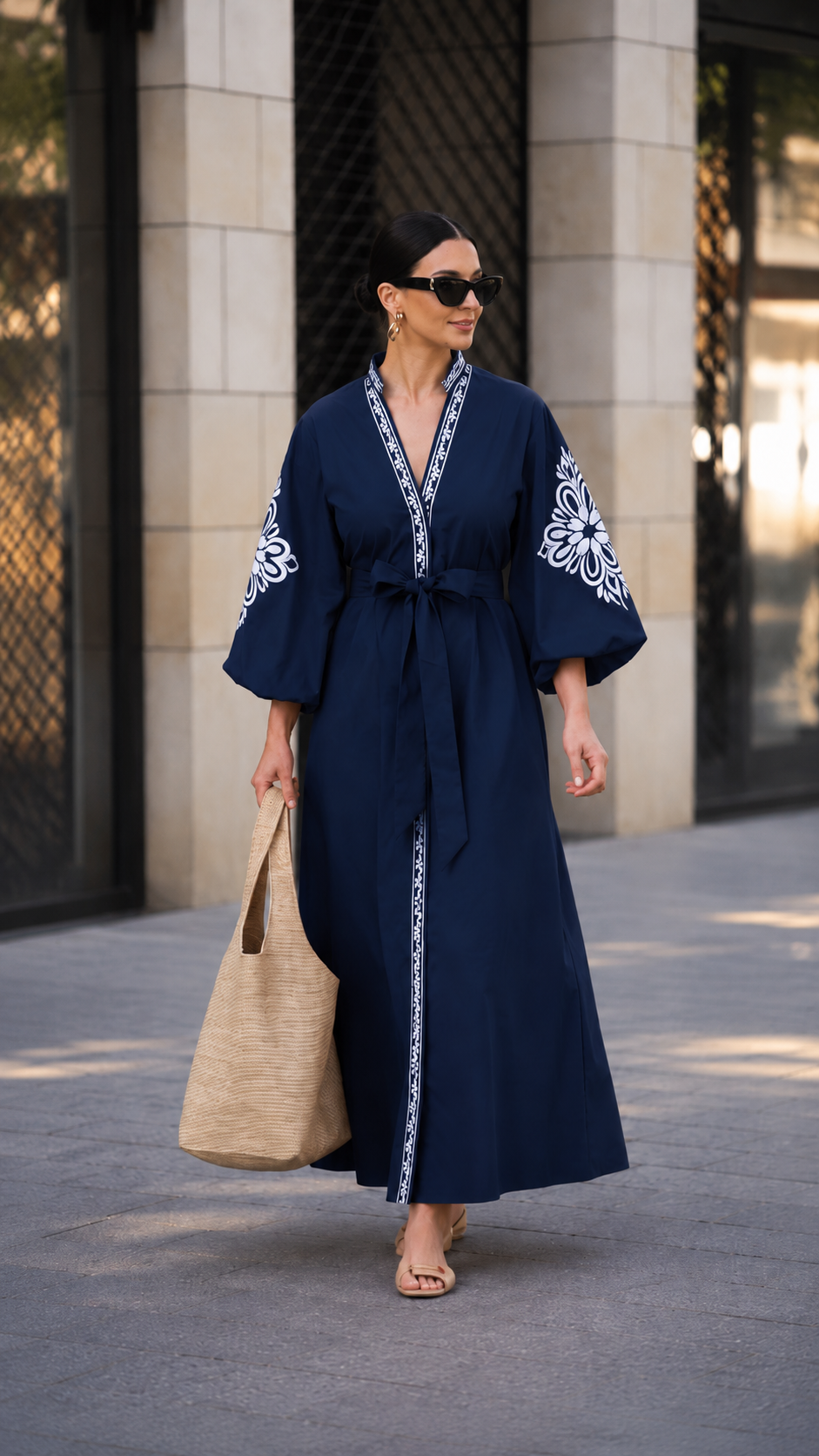 Embroidered Puff Sleeve Wrap Maxi Kaftan Dress