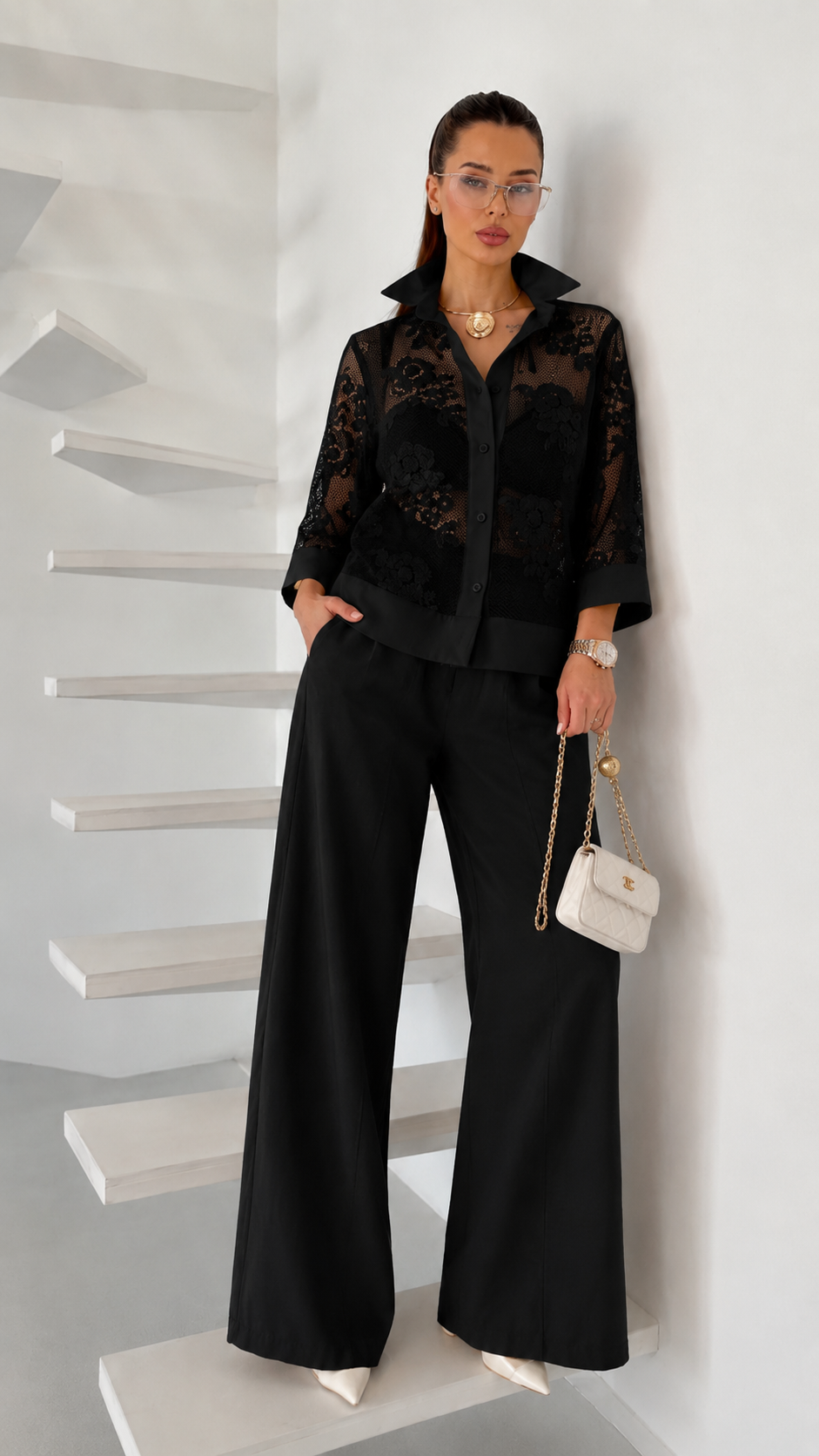 Sheer Lace Shirt Wide Leg Pant Two Piece Set