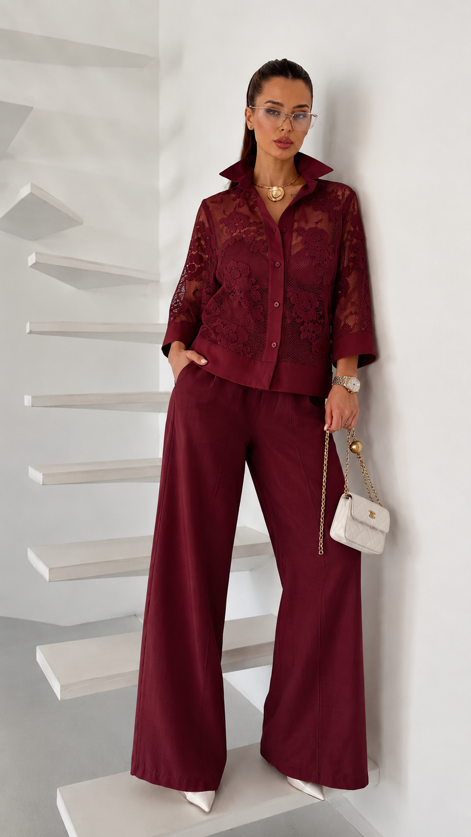 Sheer Lace Shirt Wide Leg Pant Two Piece Set