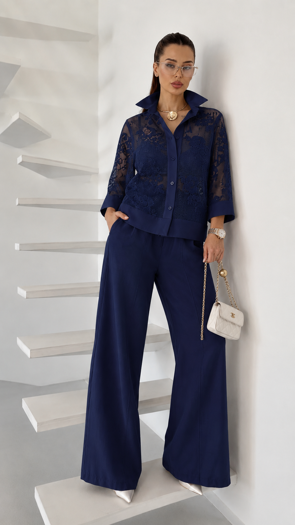 Sheer Lace Shirt Wide Leg Pant Two Piece Set