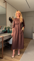 Round Neck Pleated Linen Midi Dress