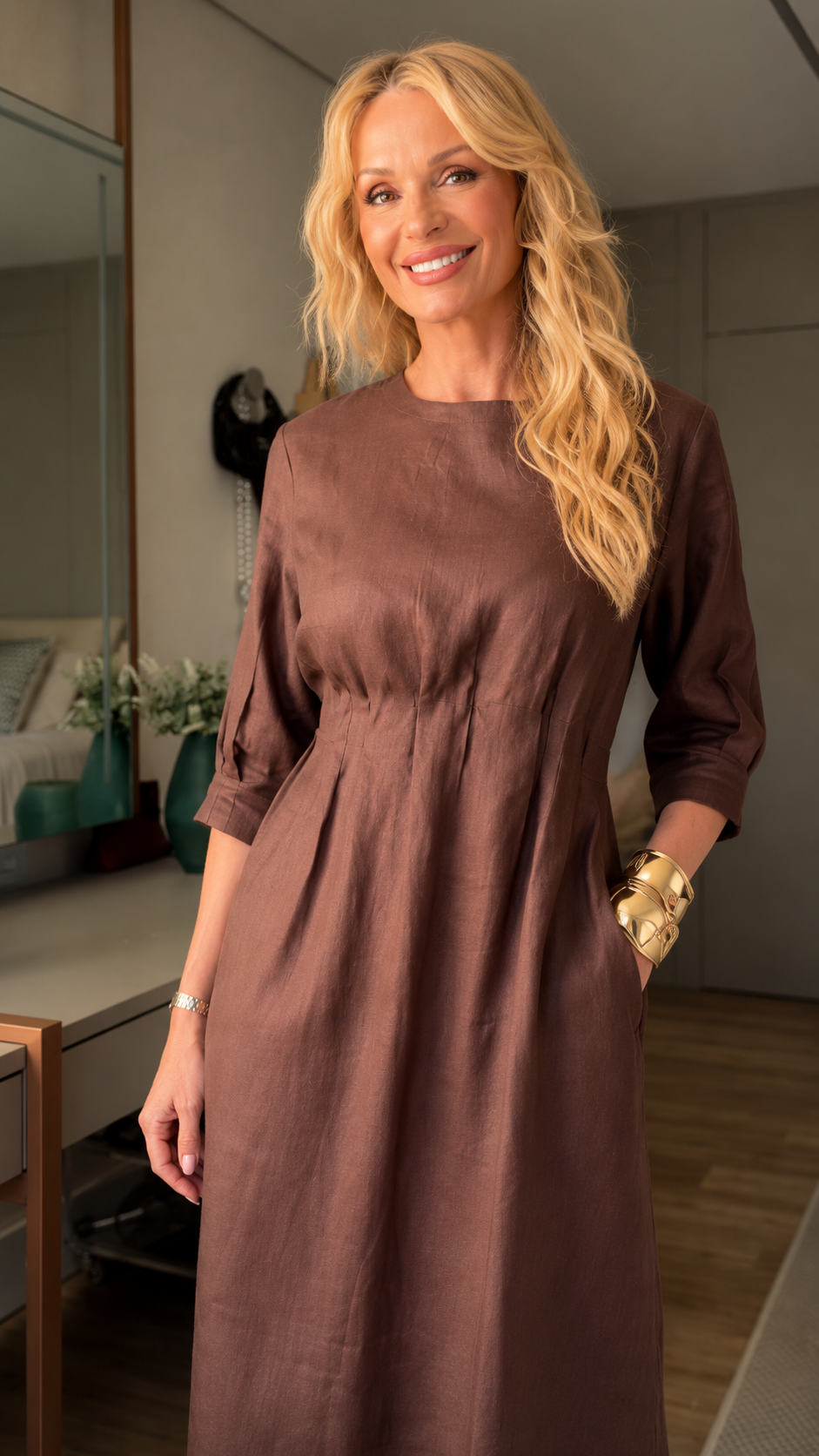 Round Neck Pleated Linen Midi Dress