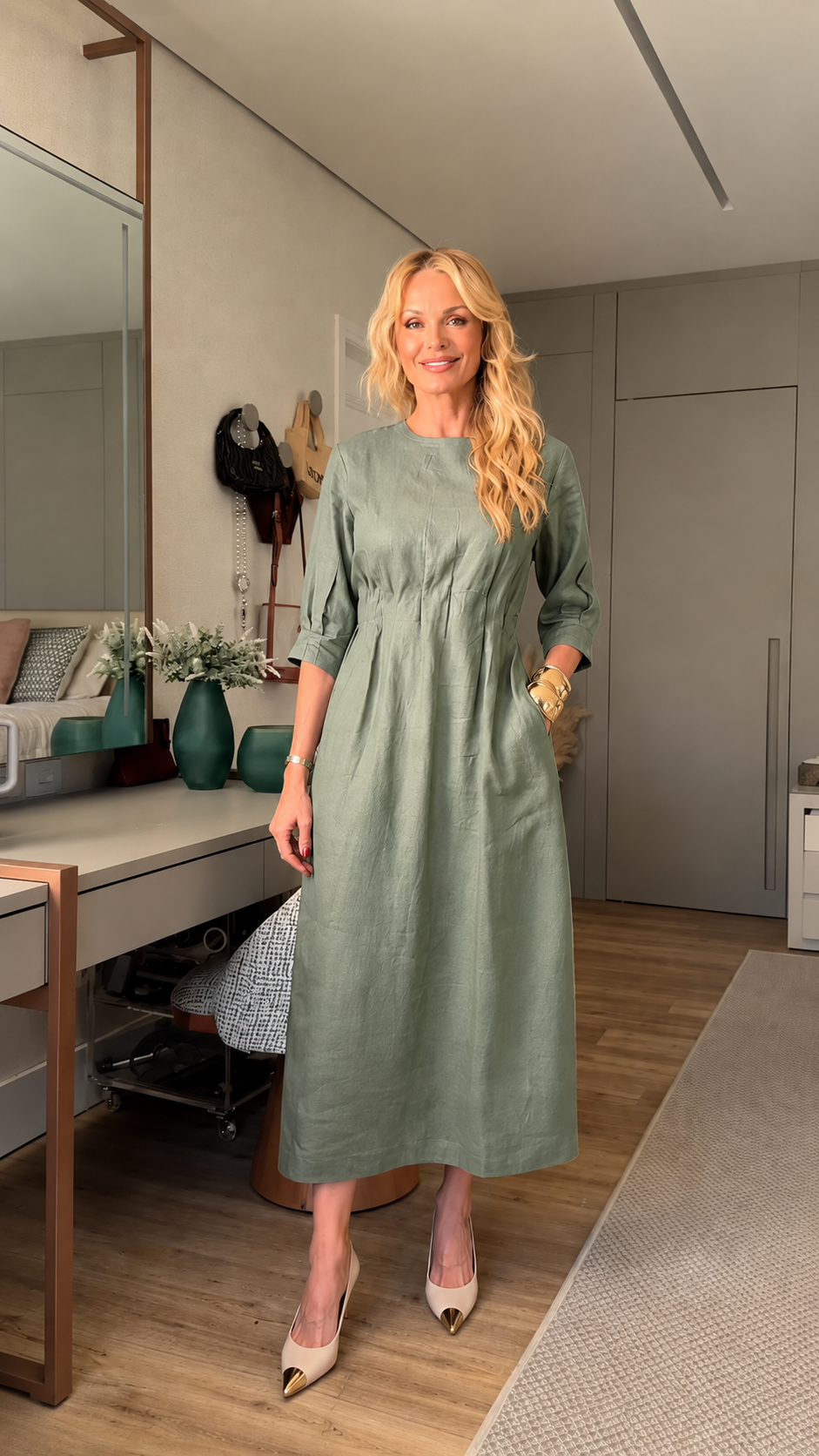 Round Neck Pleated Linen Midi Dress