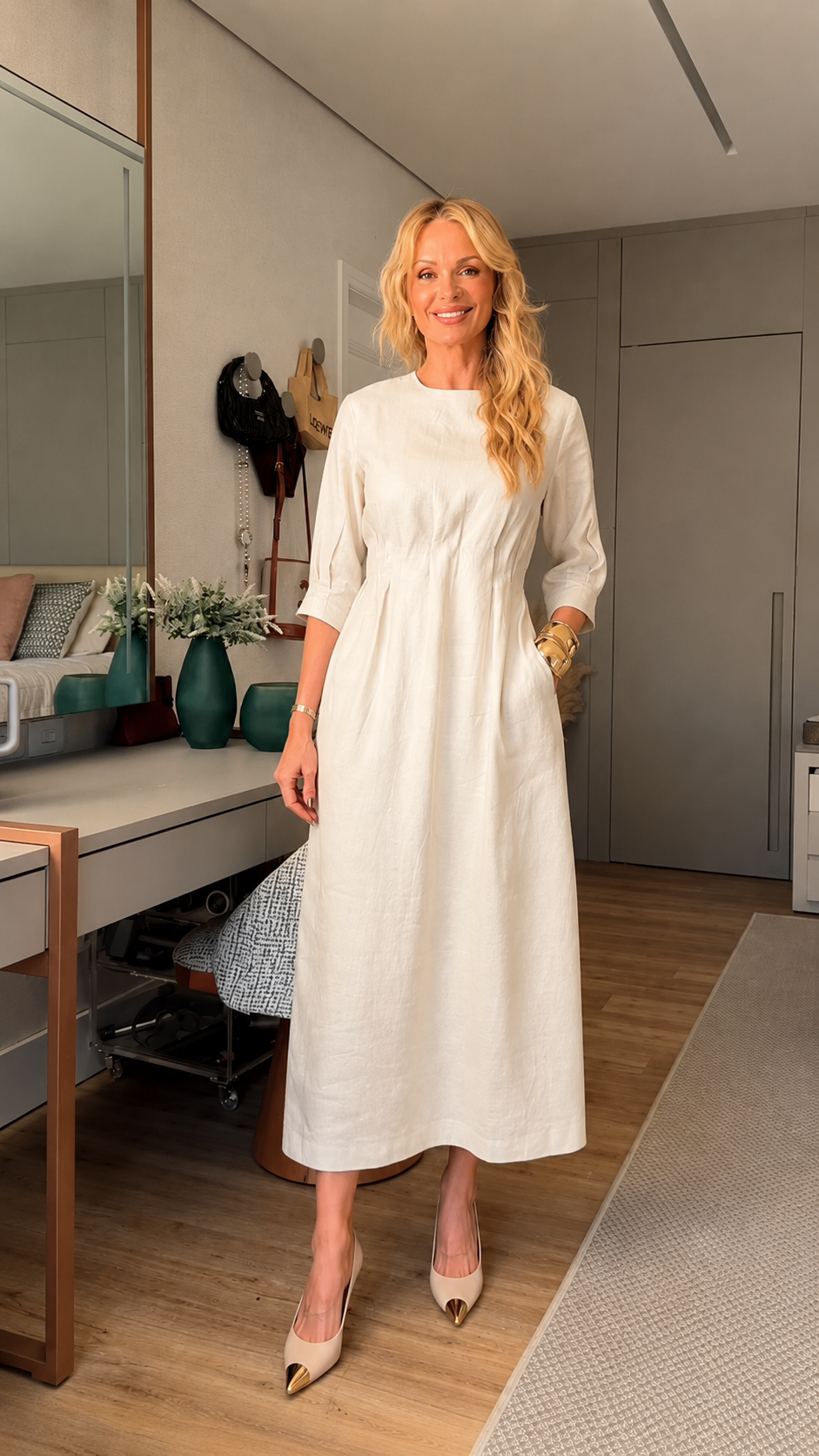 Round Neck Pleated Linen Midi Dress