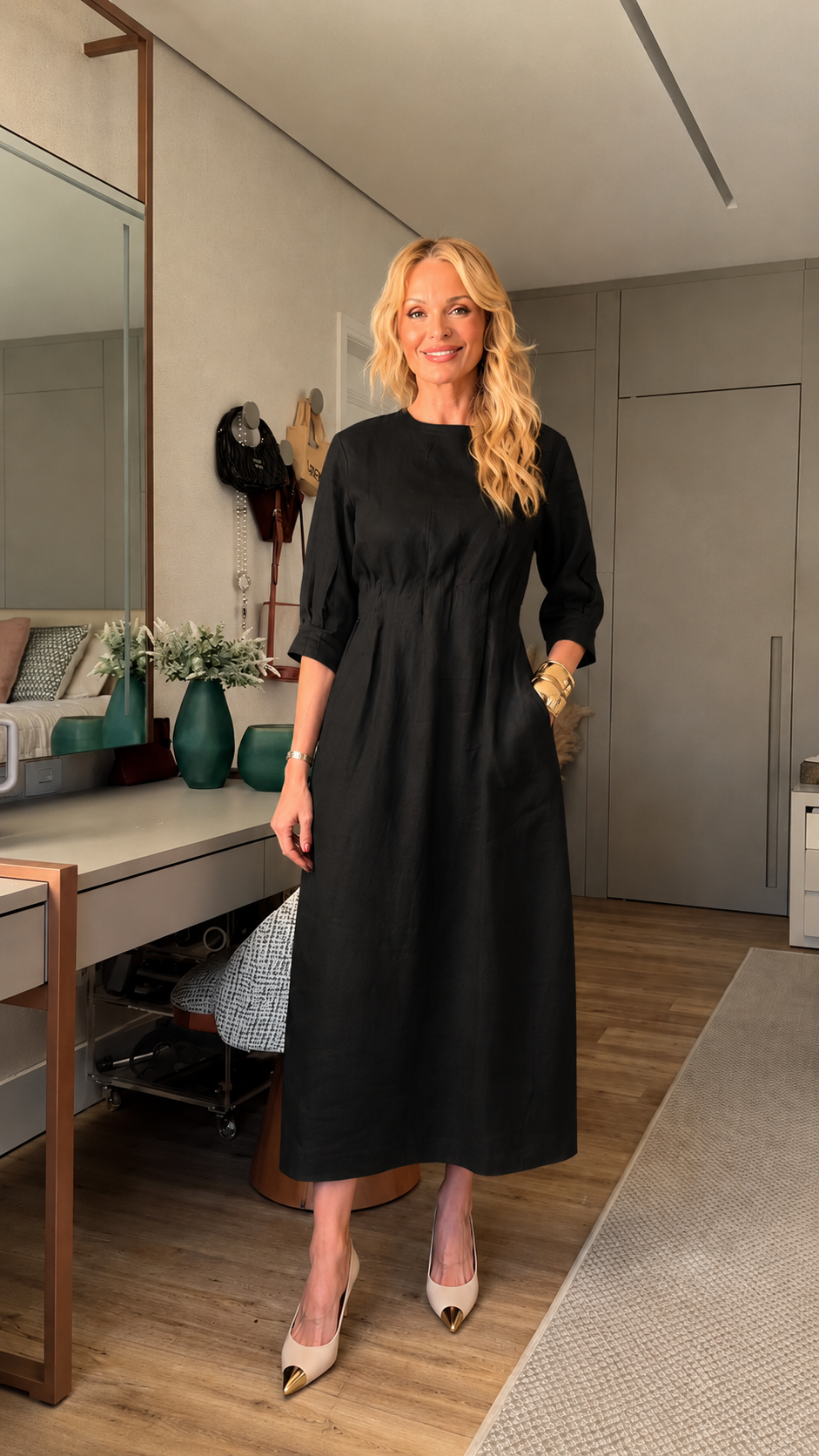 Round Neck Pleated Linen Midi Dress