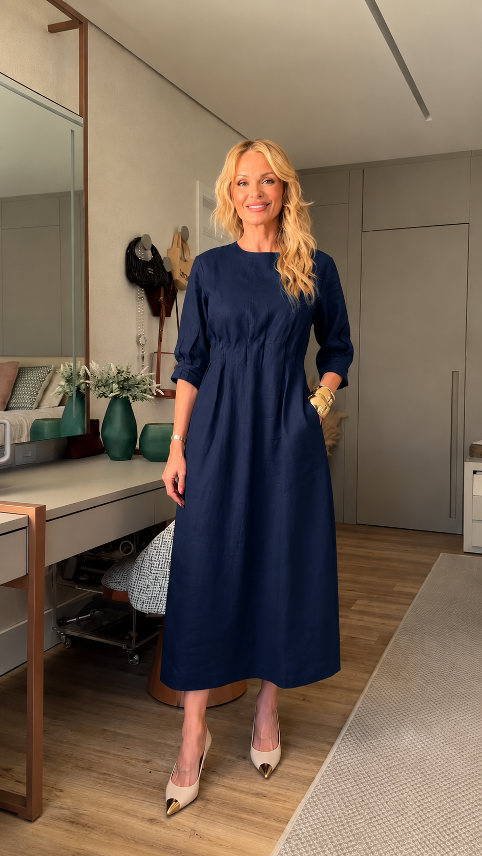 Round Neck Pleated Linen Midi Dress