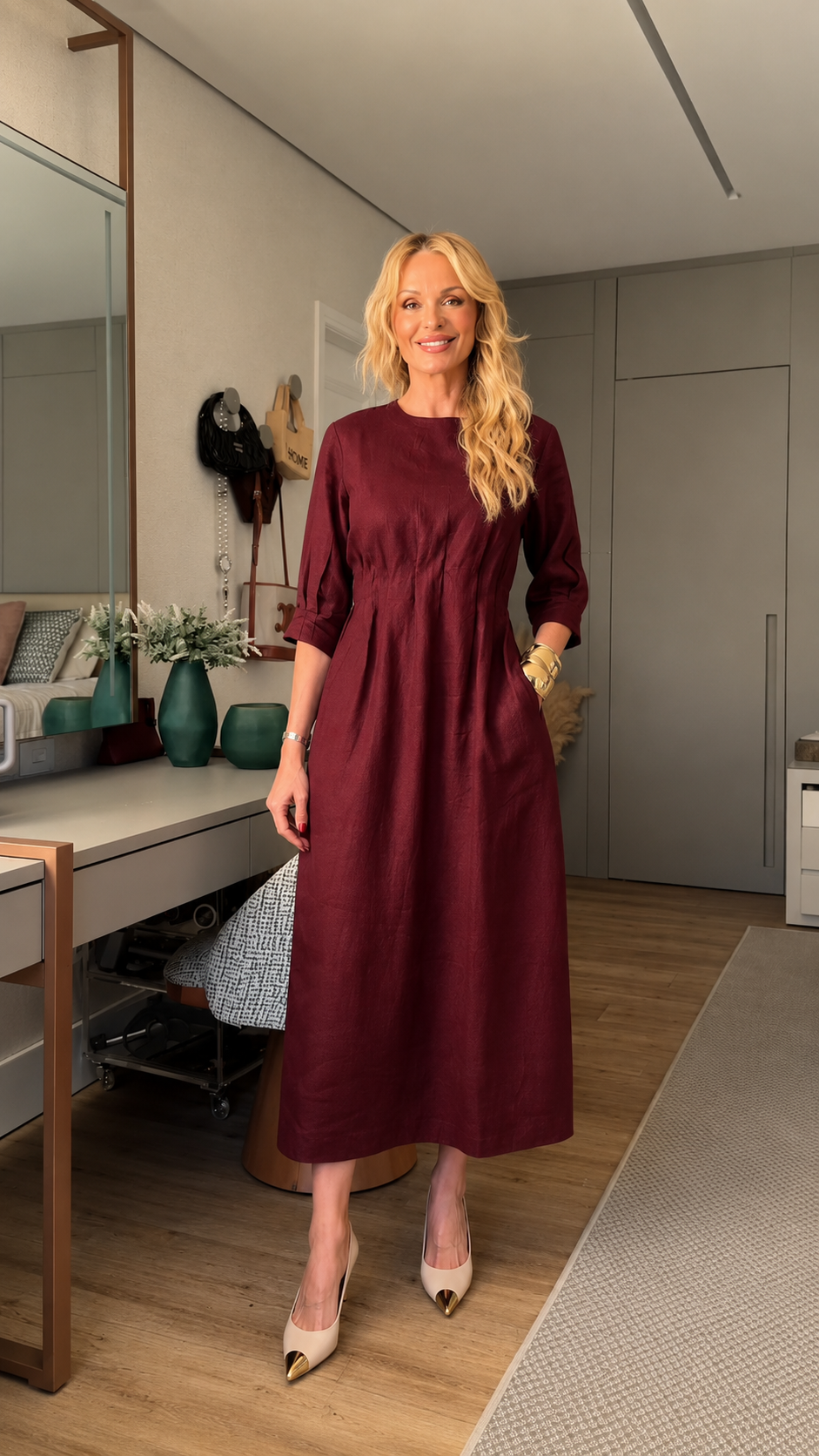 Round Neck Pleated Linen Midi Dress