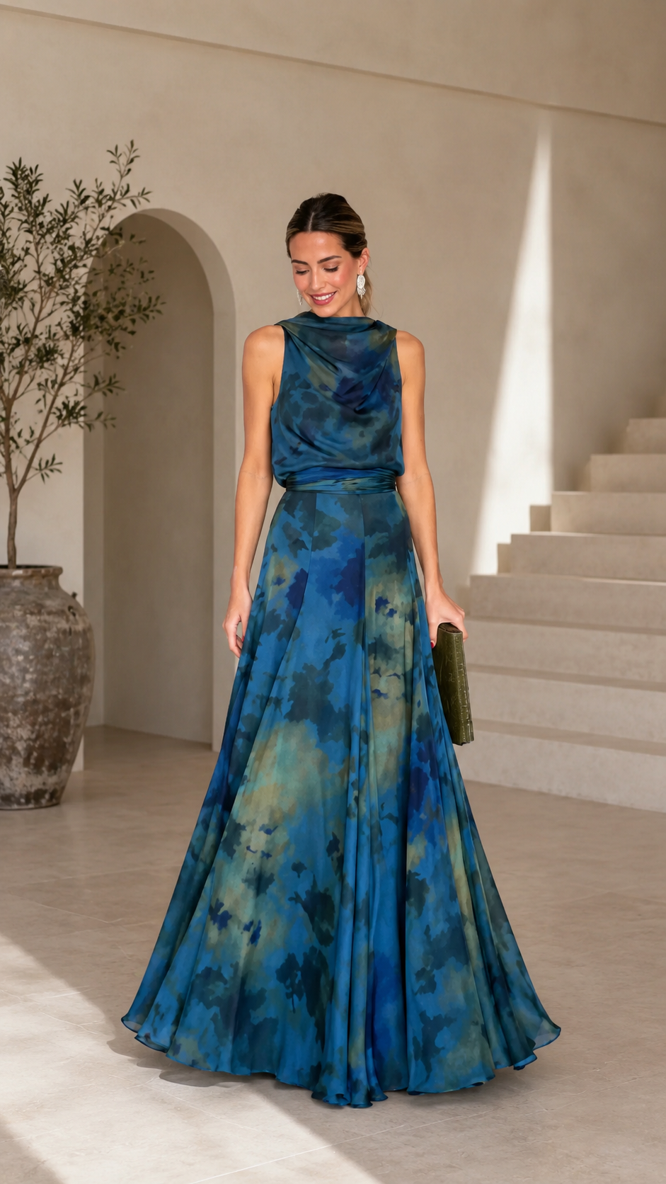 Draped Cowl Neck Satin Print Maxi Gown