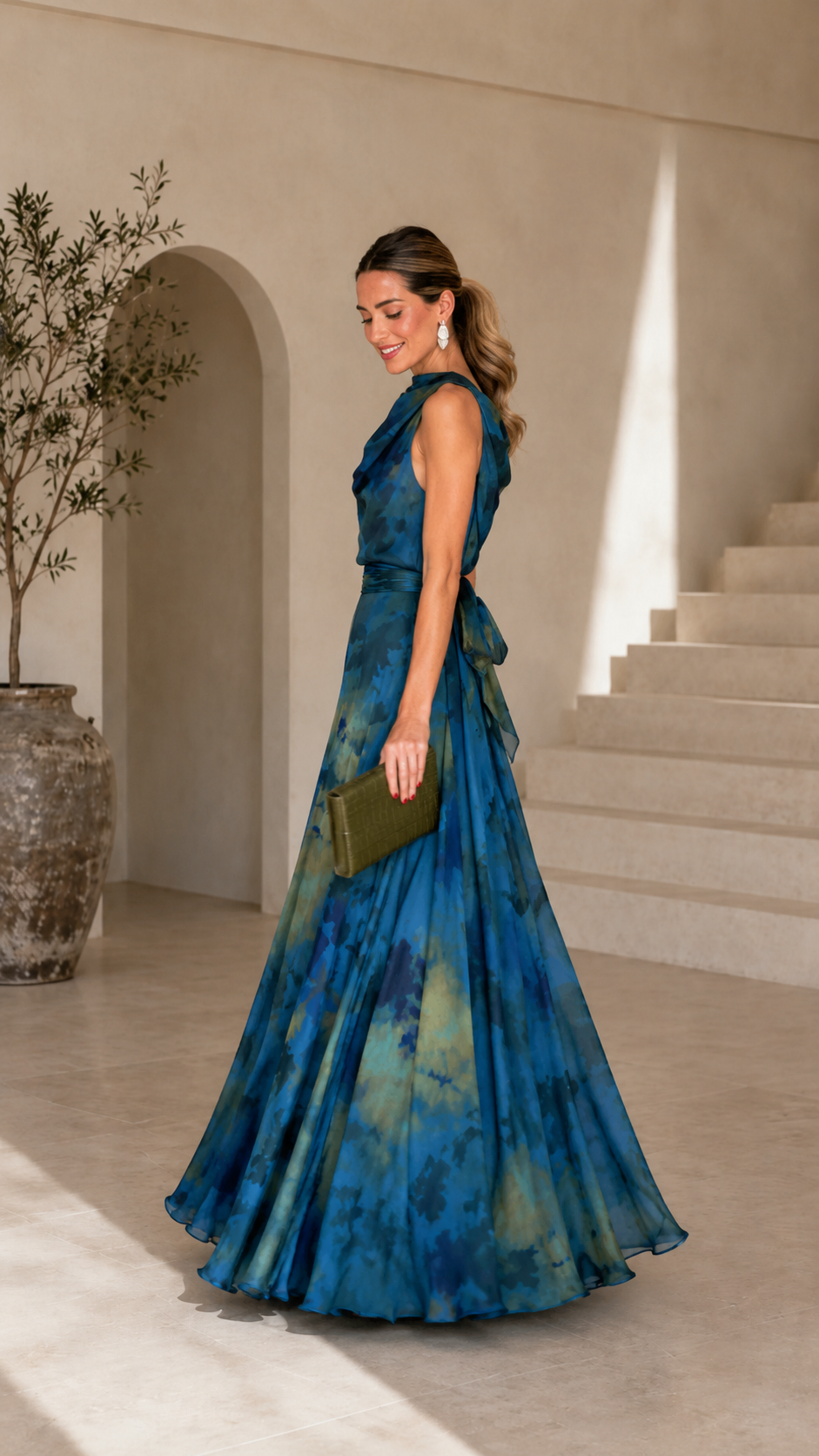 Draped Cowl Neck Satin Print Maxi Gown