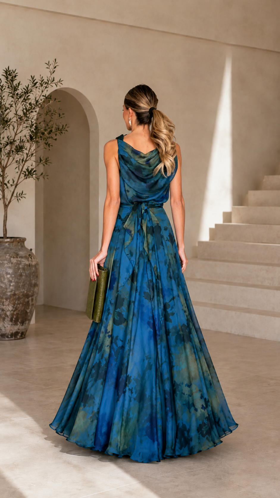 Draped Cowl Neck Satin Print Maxi Gown