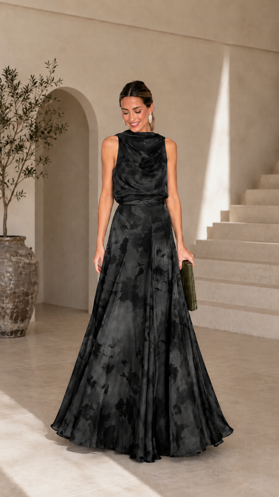 Draped Cowl Neck Satin Print Maxi Gown