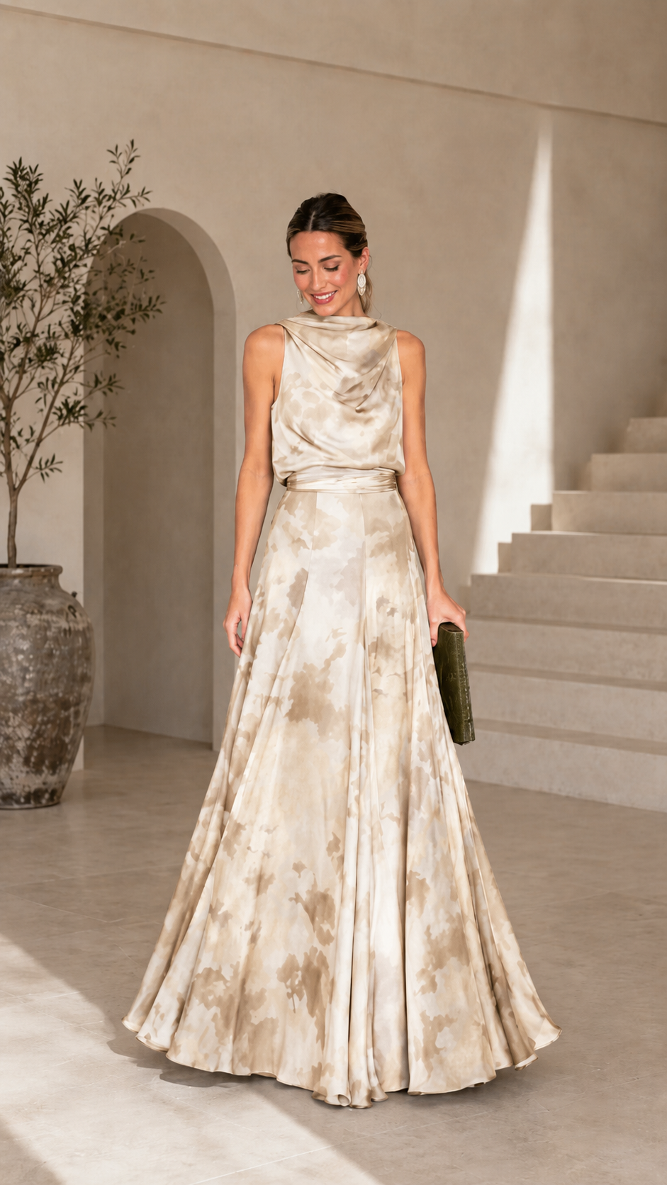 Draped Cowl Neck Satin Print Maxi Gown