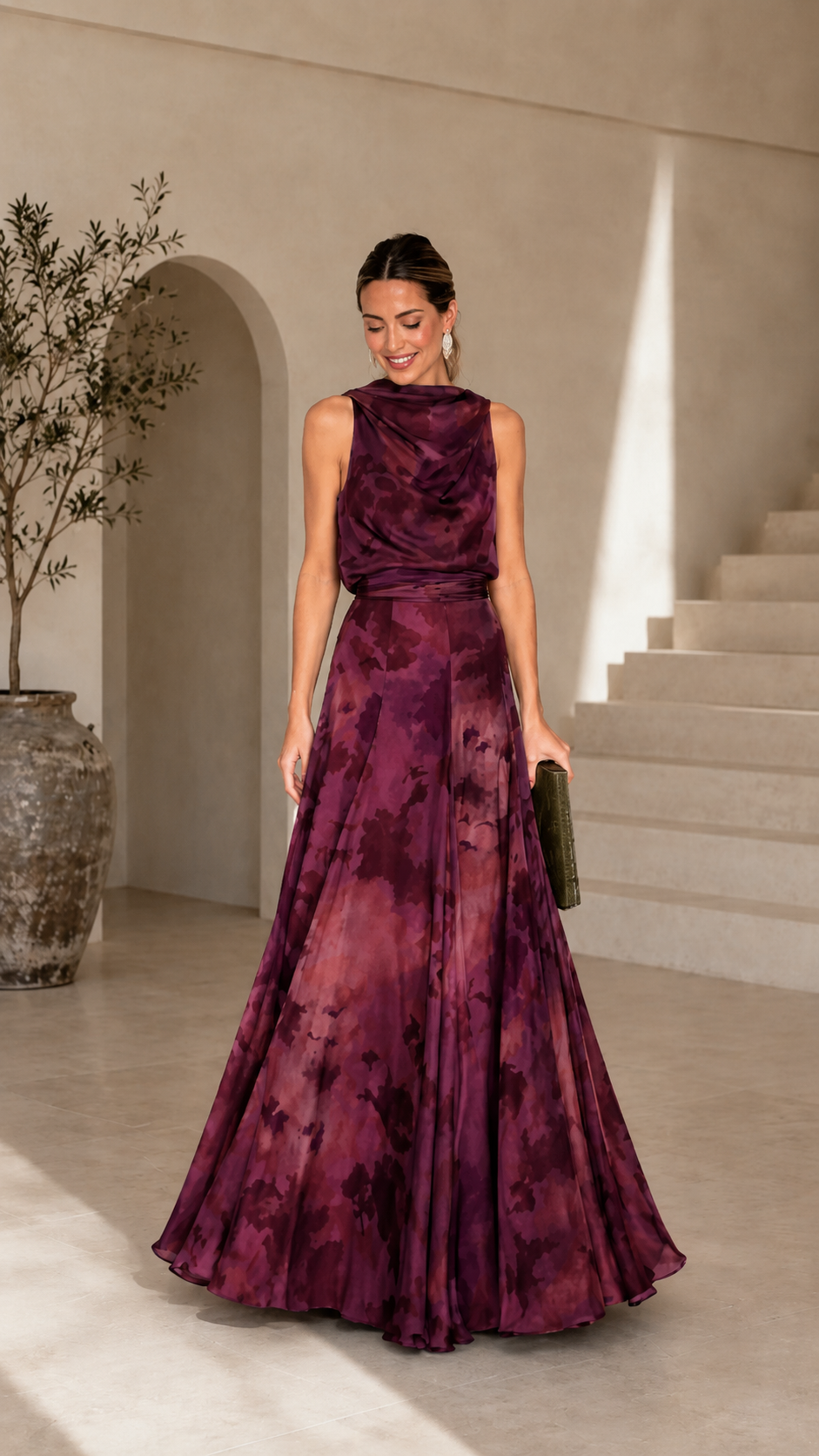 Draped Cowl Neck Satin Print Maxi Gown