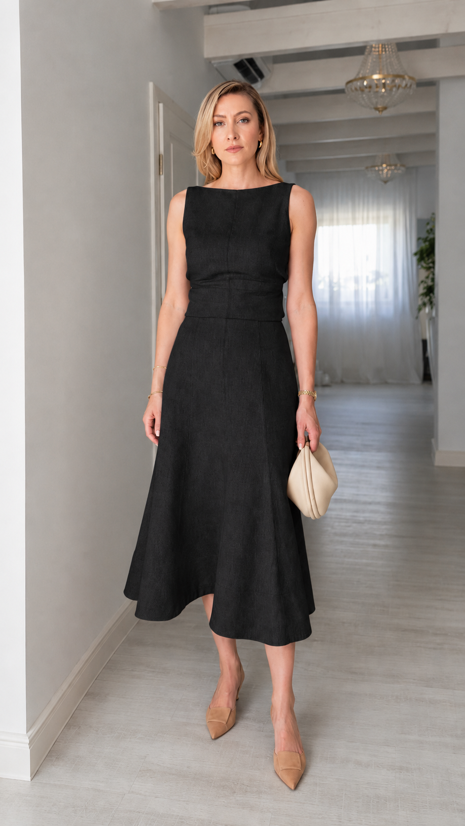 Boat Neck Sleeveless Linen Midi Flare Dress
