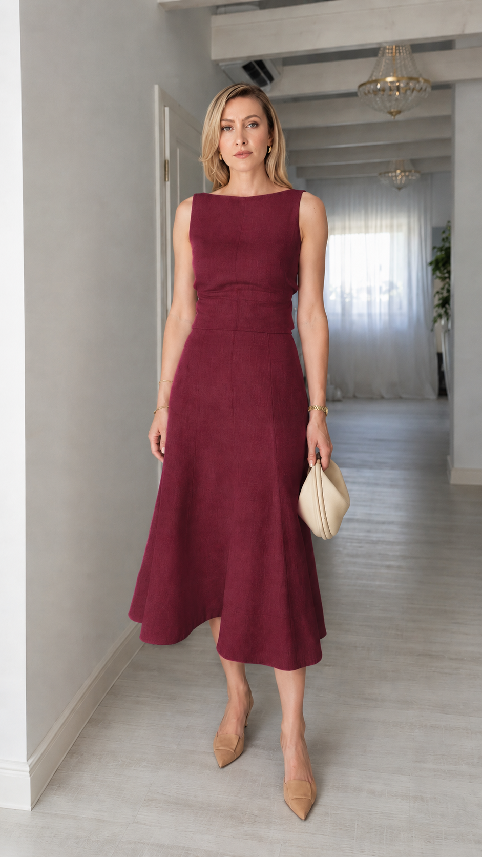 Boat Neck Sleeveless Linen Midi Flare Dress