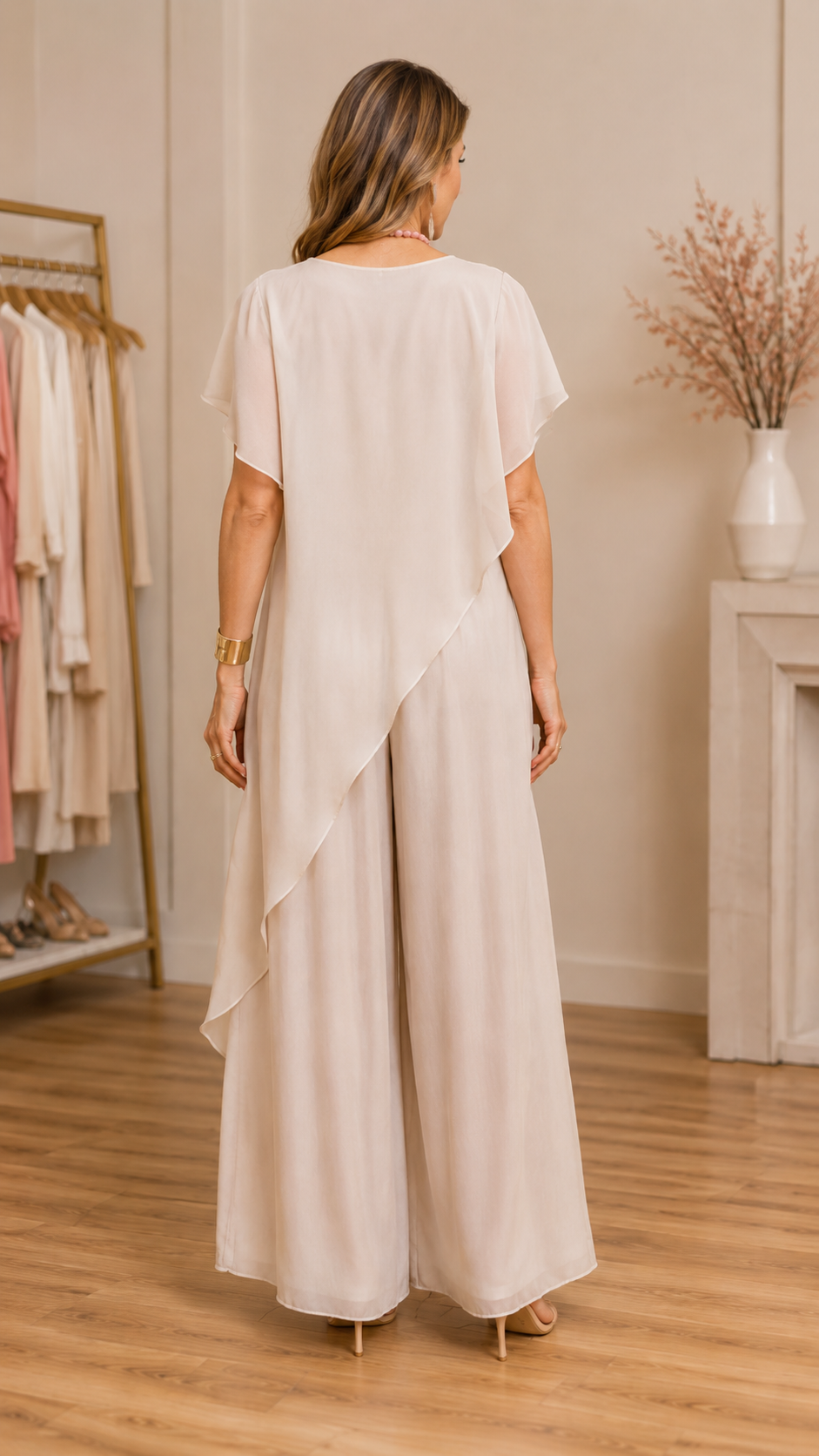 Ruffle Chiffon Overlay Wide Leg Pant Two Piece Set