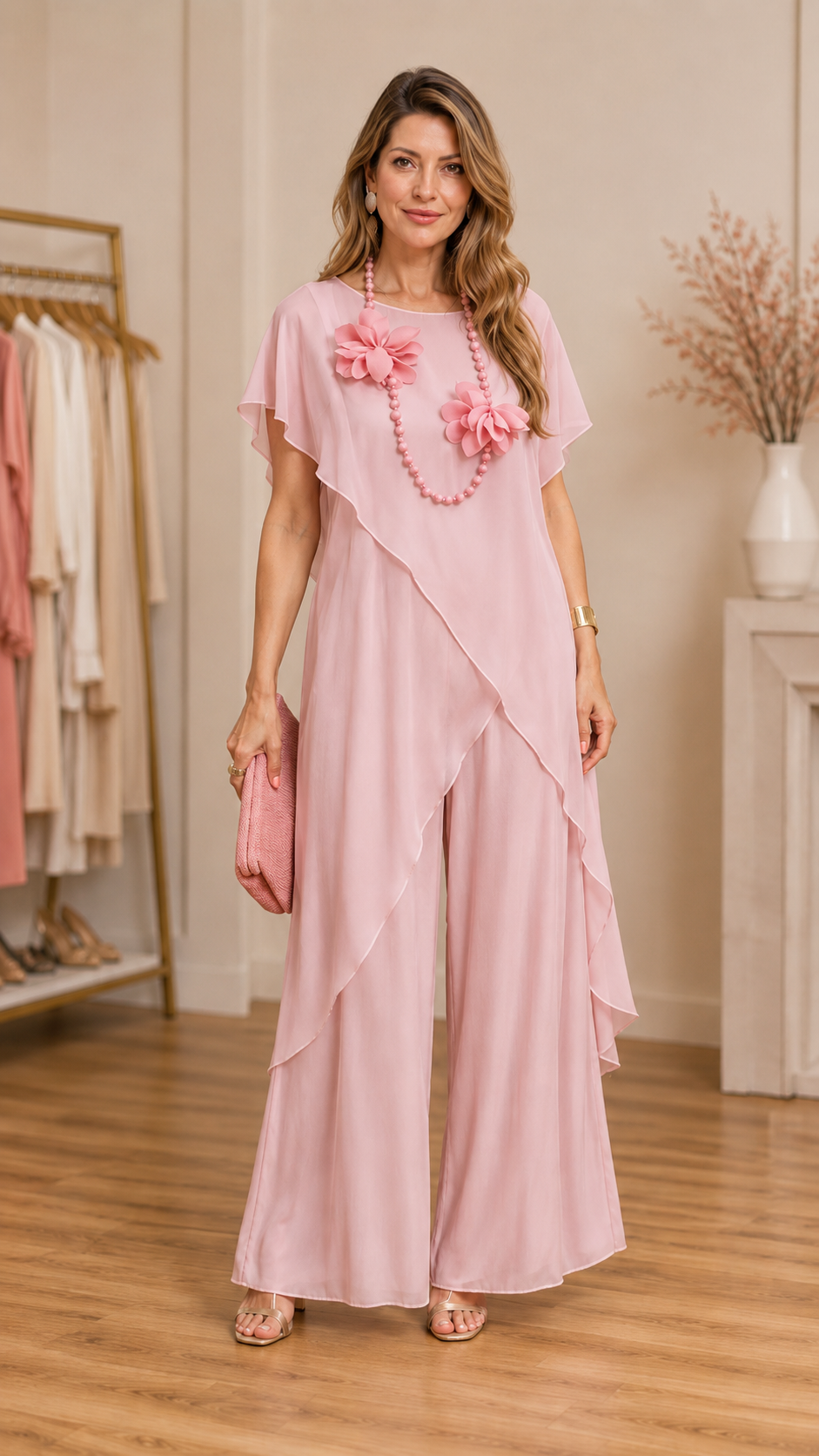 Ruffle Chiffon Overlay Wide Leg Pant Two Piece Set
