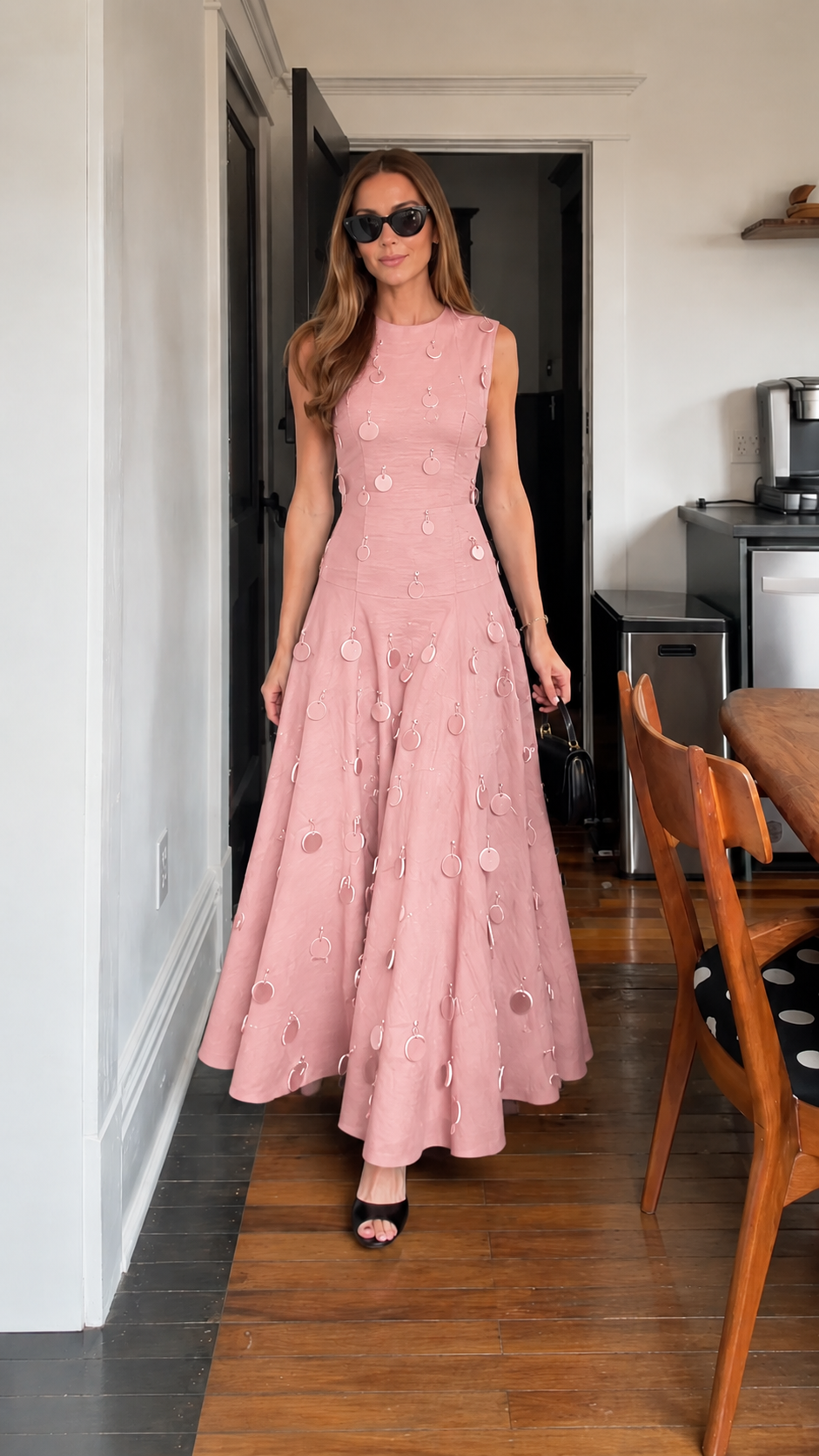 Sleeveless Disc Embellished Fit And Flare Maxi Dress