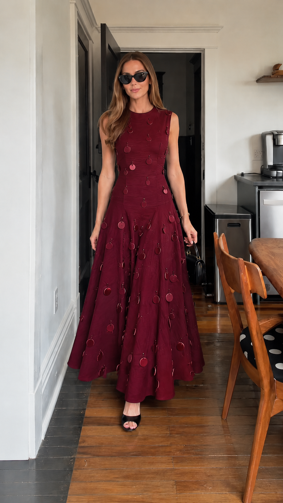 Sleeveless Disc Embellished Fit And Flare Maxi Dress