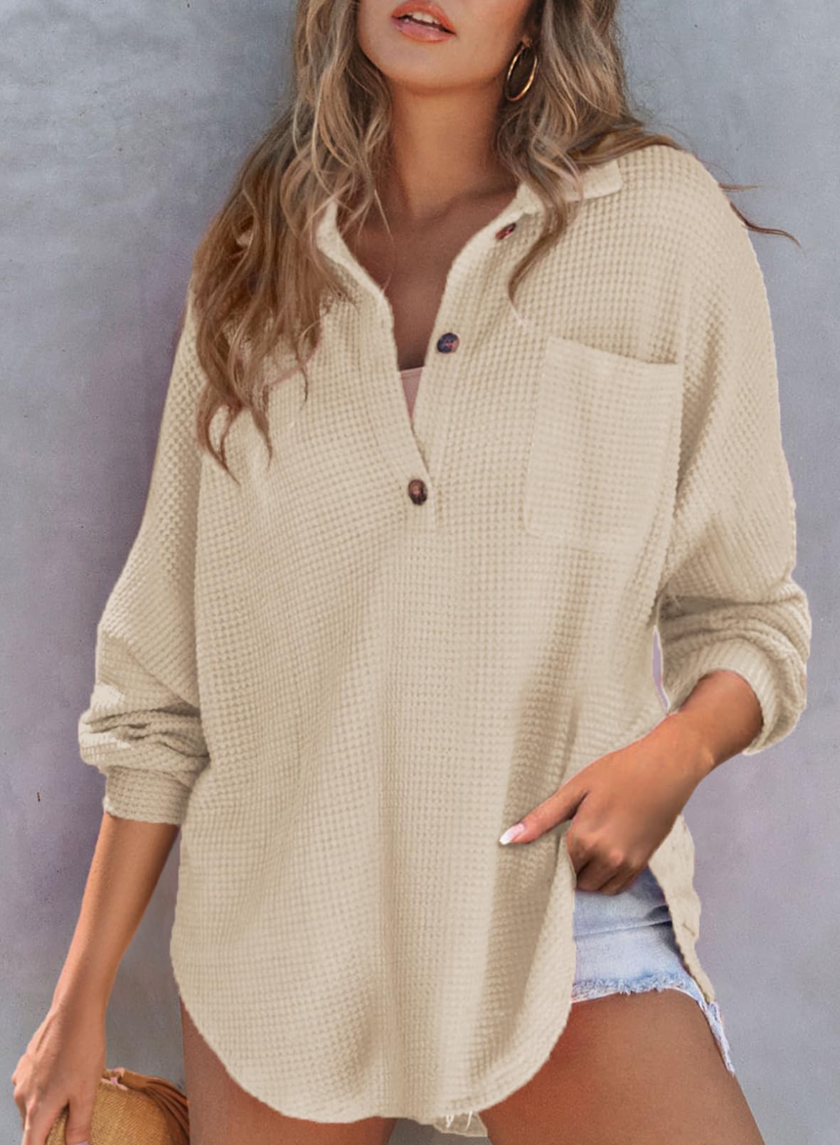 New Waffle Knit Henley V Neck Shirt Jacket
