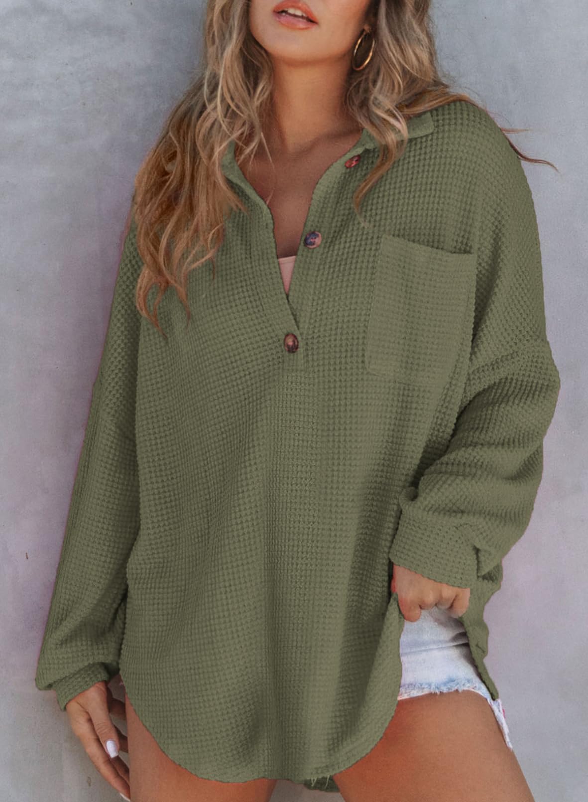 New Waffle Knit Henley V Neck Shirt Jacket