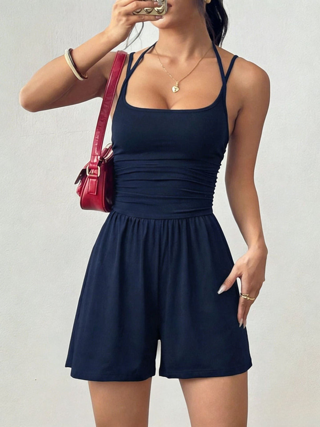 Flirla Women's Casual Pleated Loose Straight Leg Jumpsuit
