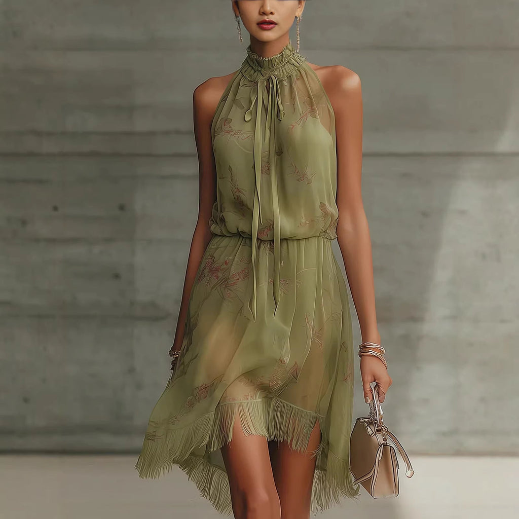 High-Neck Floral Chiffon Fringe Mini Dress