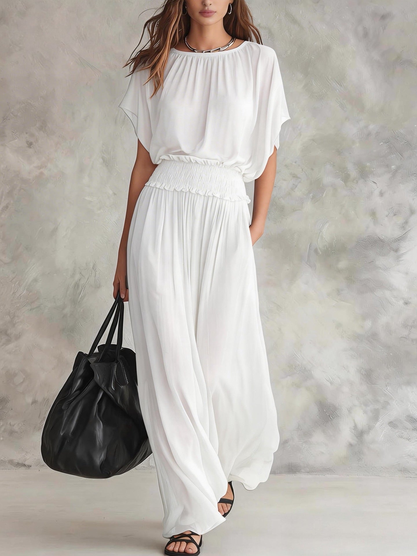 Smocked Waist Flowy Wide Leg Two Piece Set
