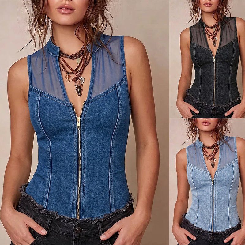 Semi-Sheer Mesh Denim Corset Top