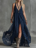 Midnight Blue Lace Western Maxi Dress