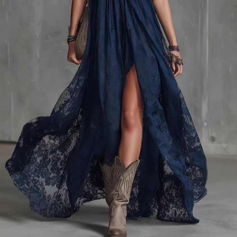 Midnight Blue Lace Western Maxi Dress