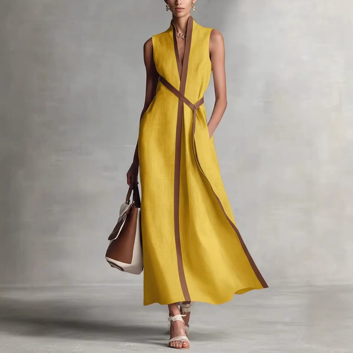 Trim Belted Sleeveless Linen Maxi Dress