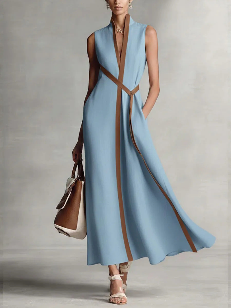 Trim Belted Sleeveless Linen Maxi Dress