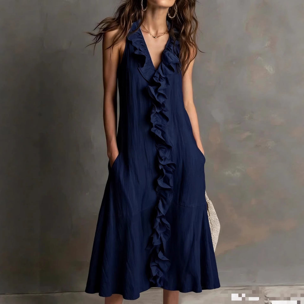 🌿 Ruffle V-Neck Sleeveless Midi Dress