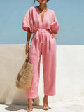 Women's Casual Linen Jumpsuit with Lantern Sleeves