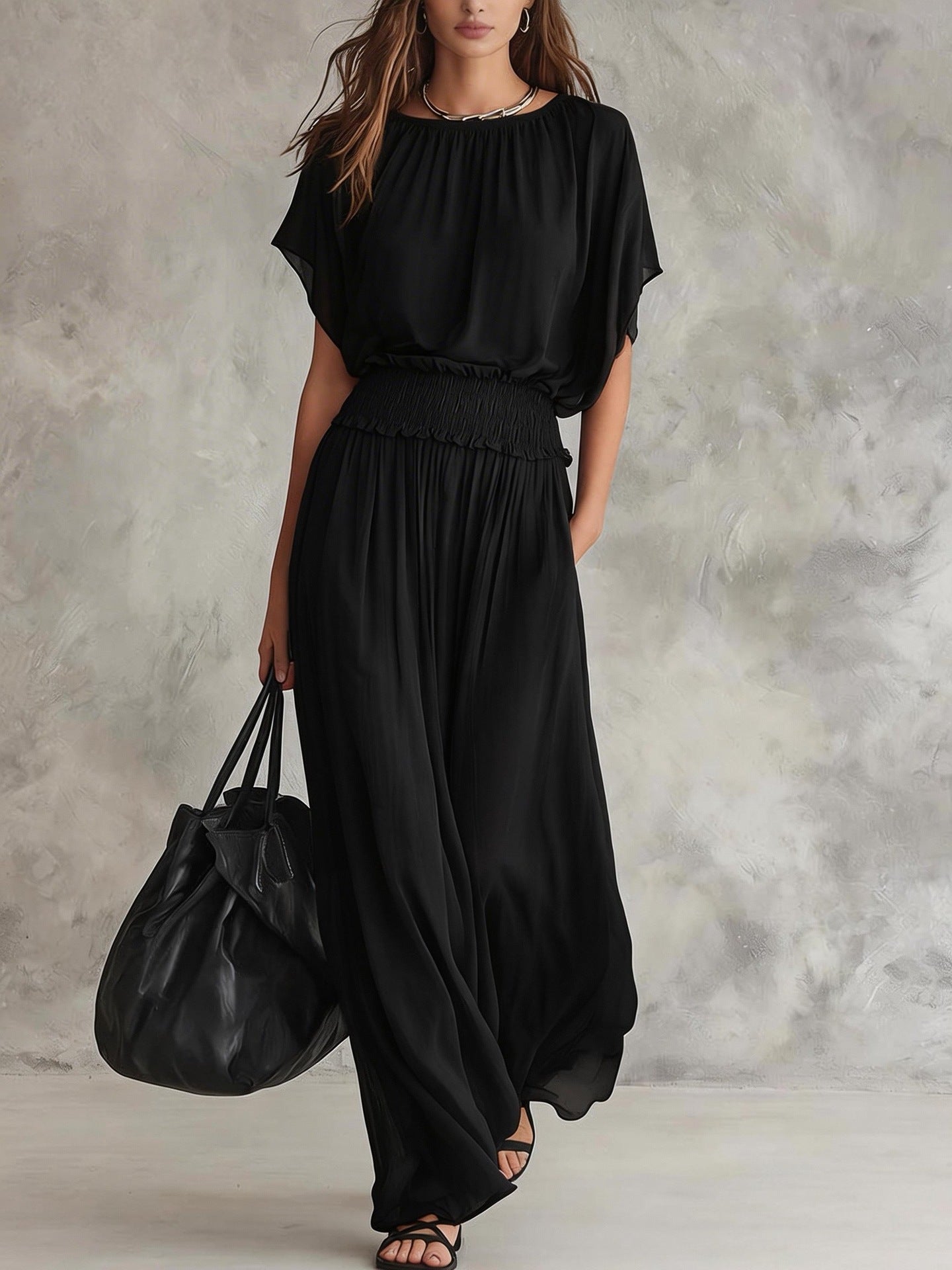 Smocked Waist Flowy Wide Leg Two Piece Set