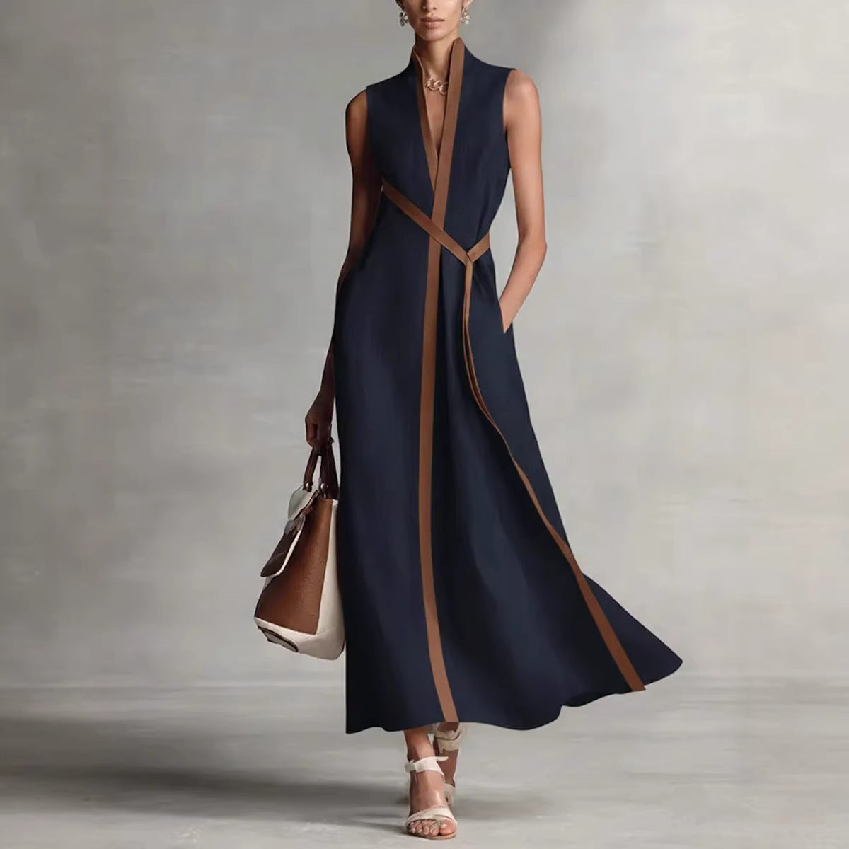 Trim Belted Sleeveless Linen Maxi Dress