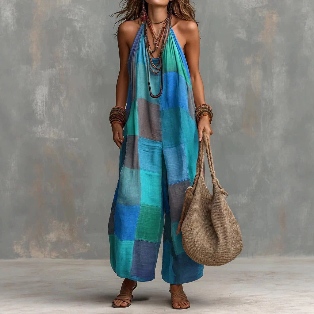 Boho Patchwork Halter Wide-Leg Jumpsuit