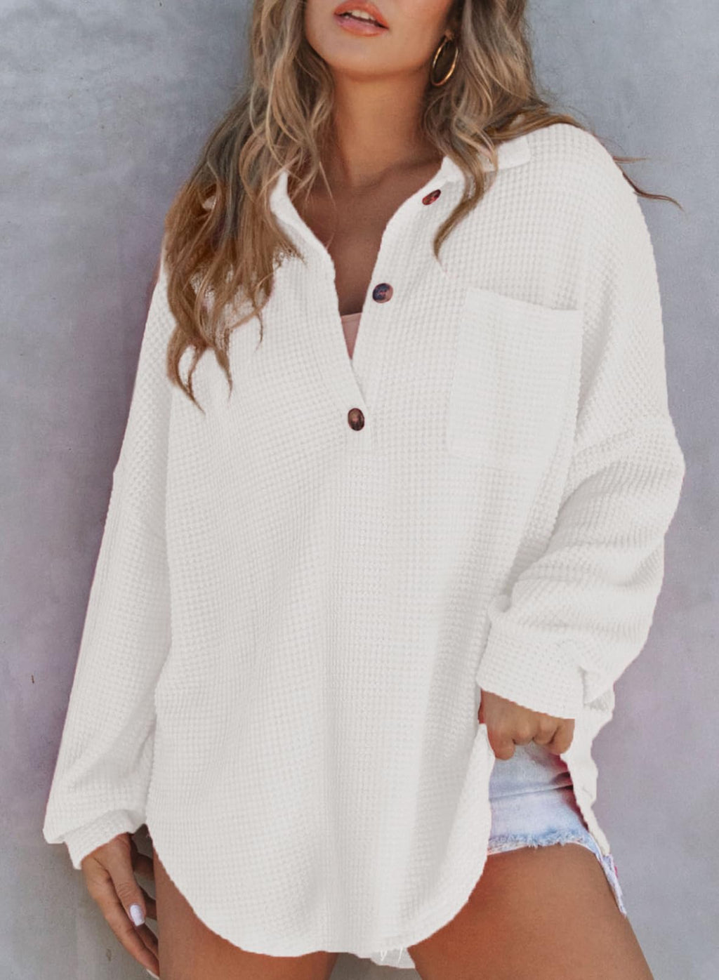 New Waffle Knit Henley V Neck Shirt Jacket