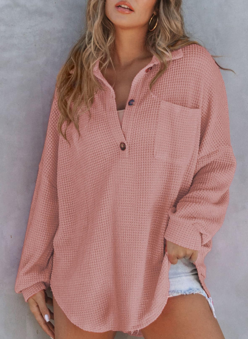 New Waffle Knit Henley V Neck Shirt Jacket
