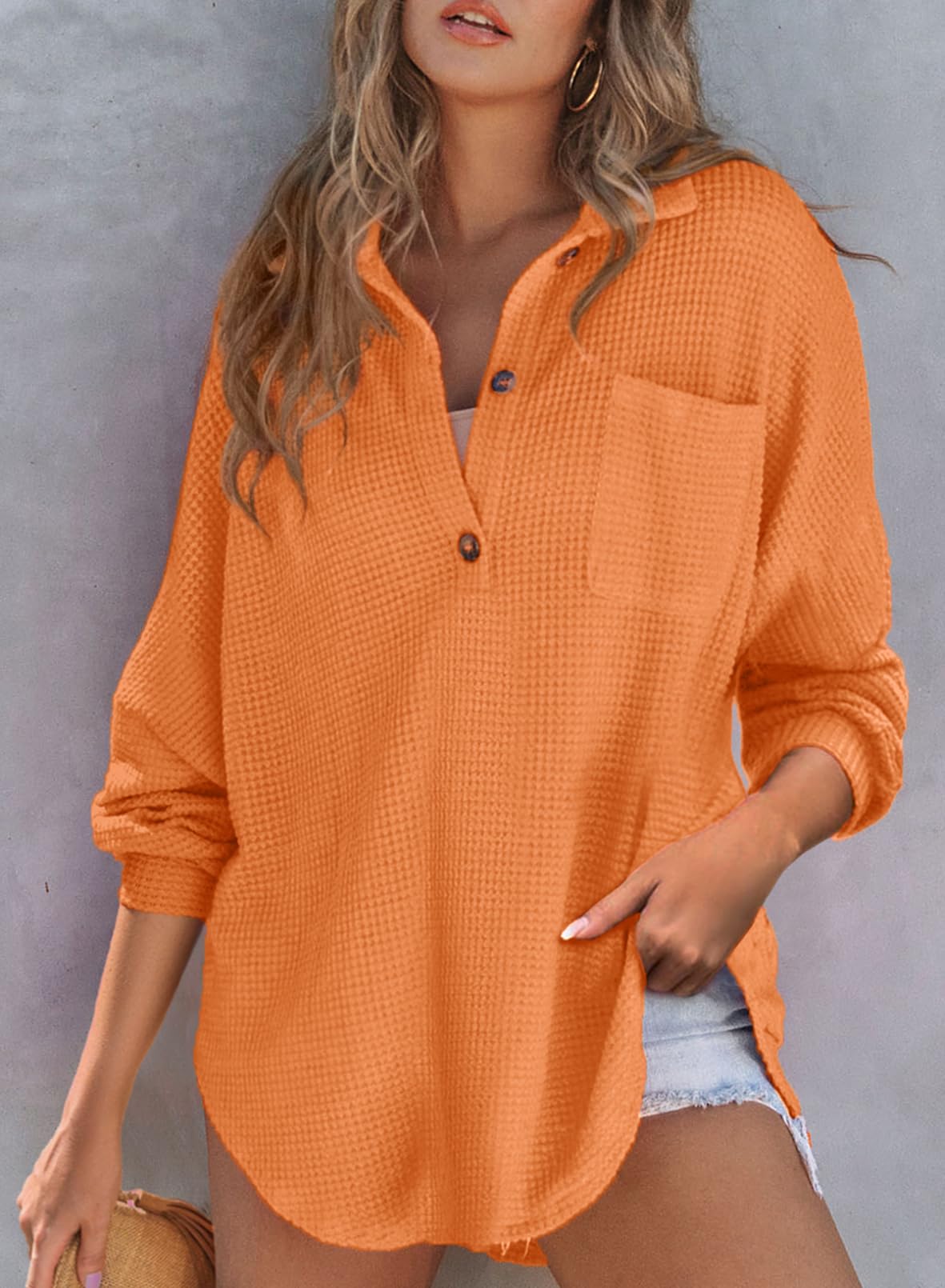New Waffle Knit Henley V Neck Shirt Jacket