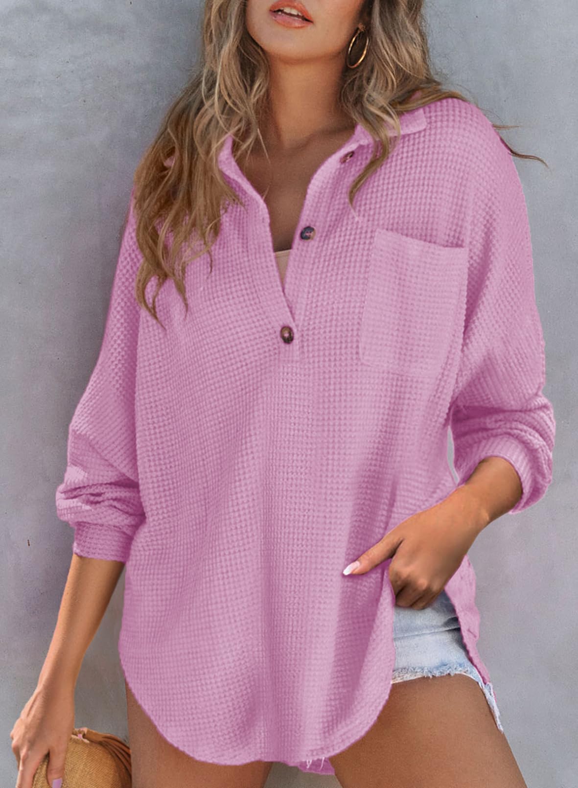 New Waffle Knit Henley V Neck Shirt Jacket